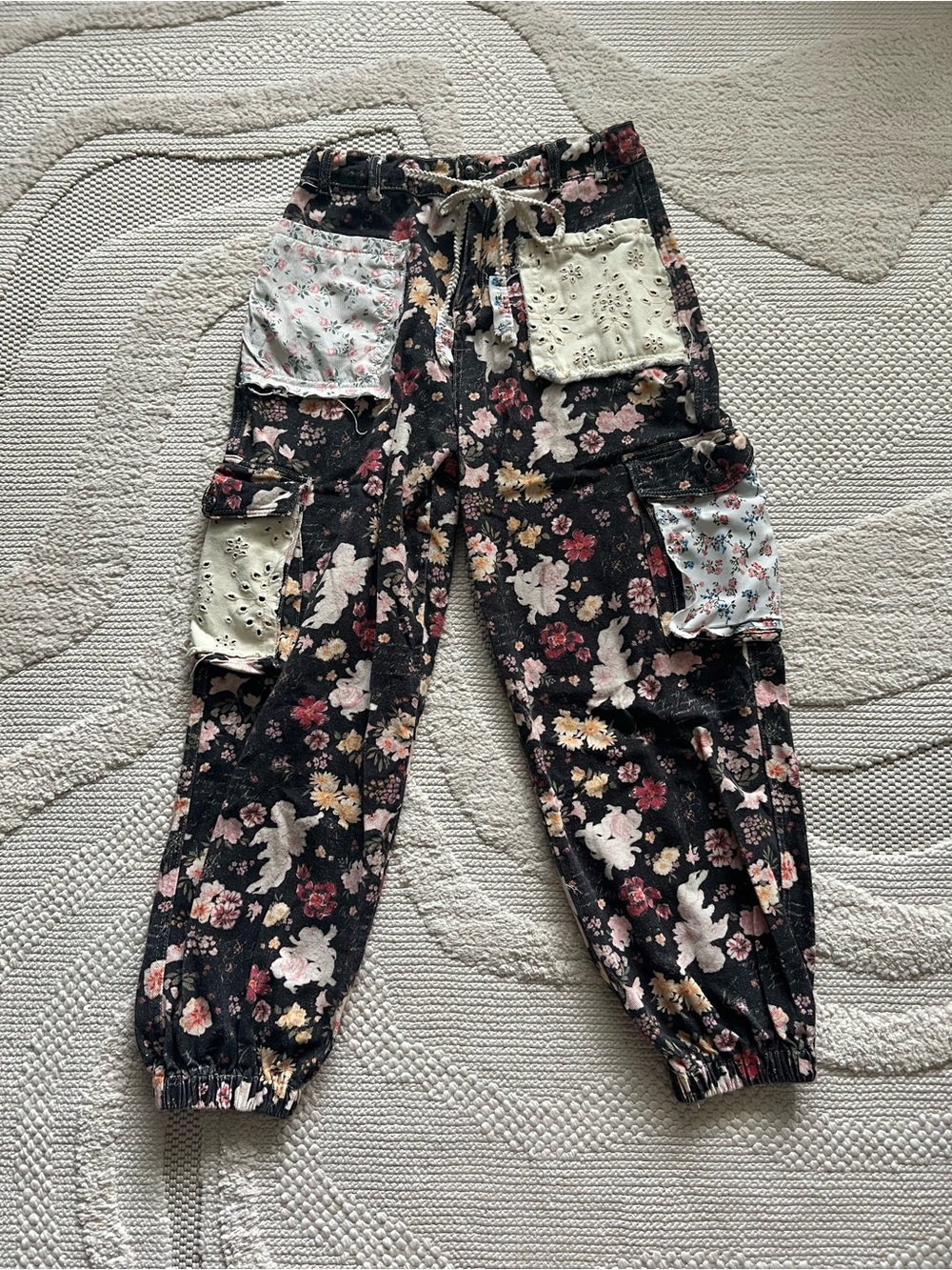 POL Boho Washed Black Floral Drawstring Jogger Pants